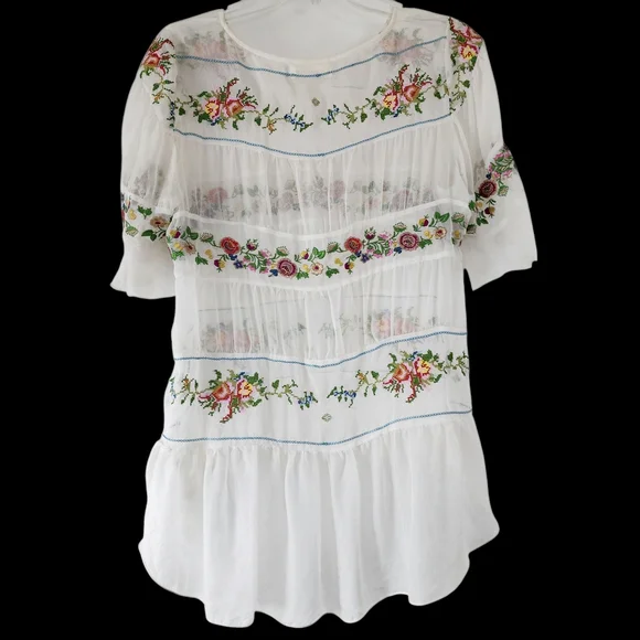 Johnny Was x 4 Love And Liberty White Silk Floral Embroidered Blouse Ruffles - Picture 2 of 15